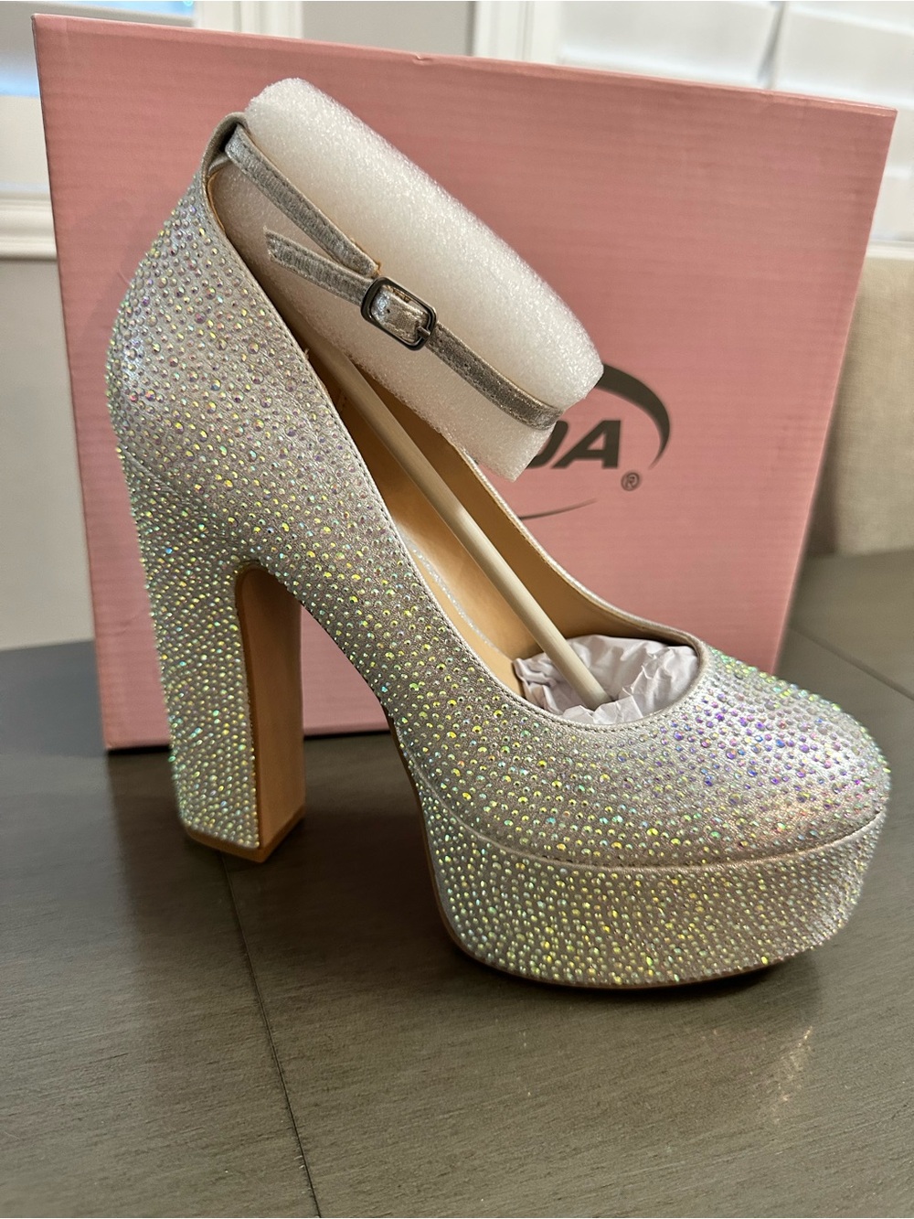 Soda Silver Crystal Platform Mary Jane Heels
